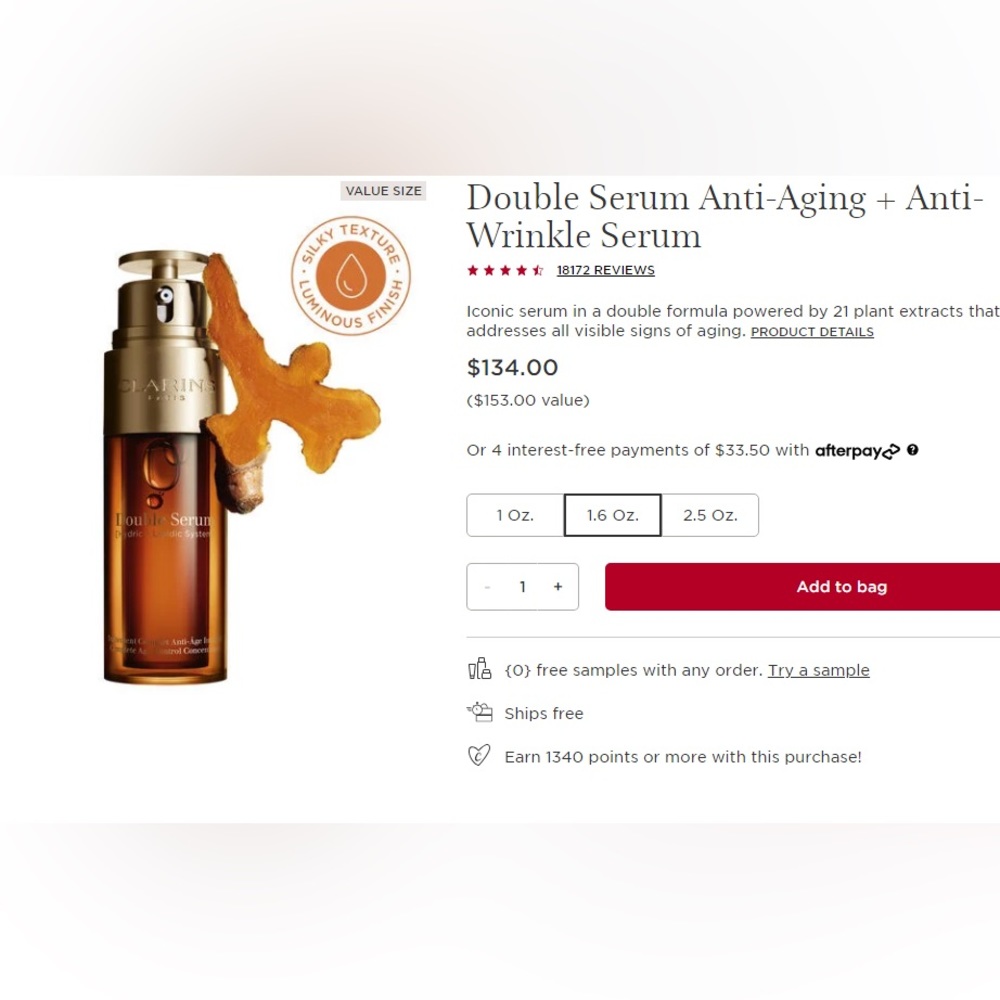 Clarins Double Serum Anti-Aging + Anti-Wrinkle Serum 1.6 Fl. Oz. 50 mL